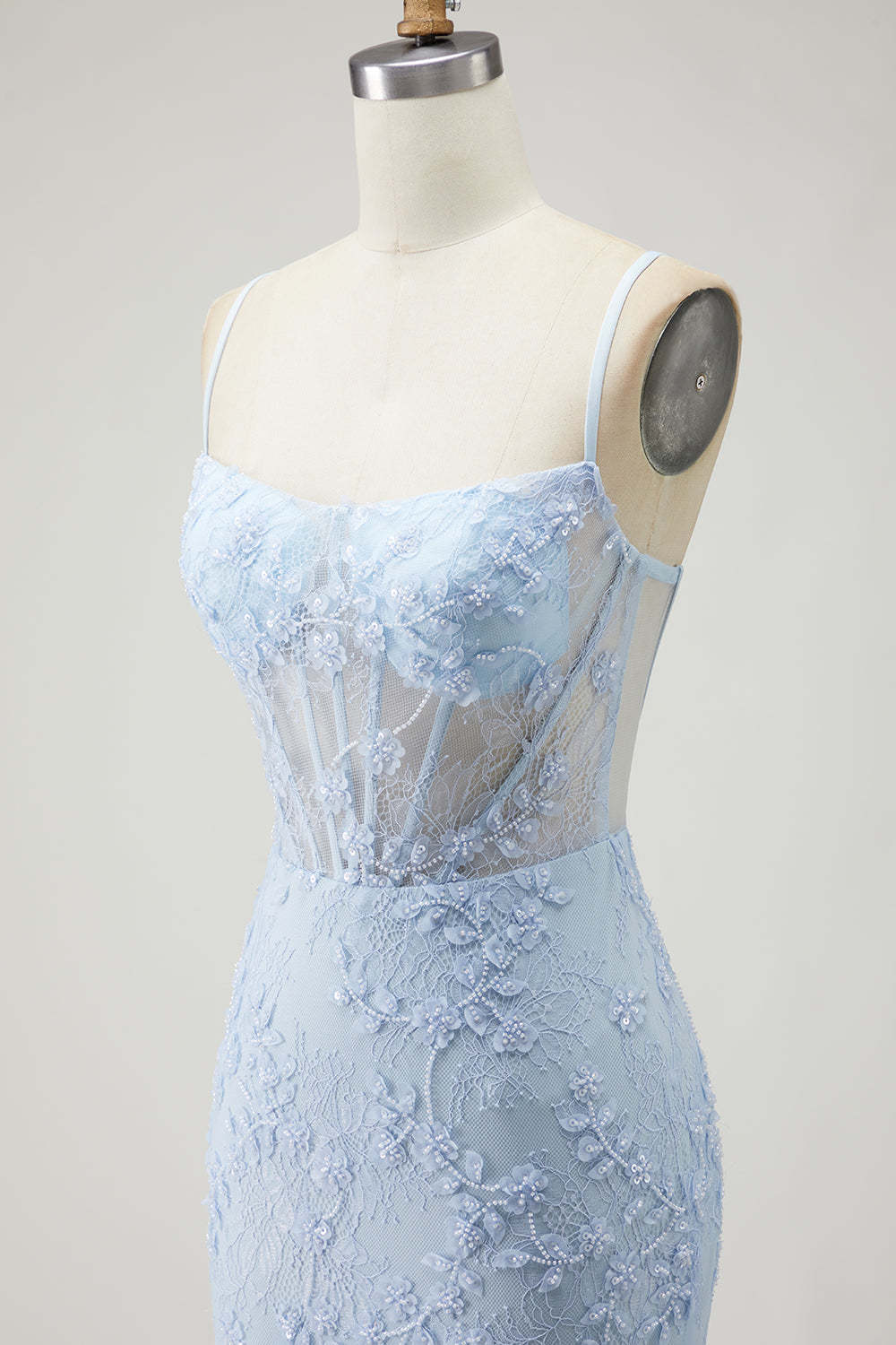 Sparkly Blue Corset Beaded Mermaid Floral Long Prom Dress with Slit