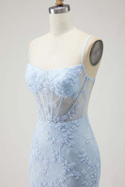Sparkly Blue Corset Beaded Mermaid Floral Long Prom Dress with Slit