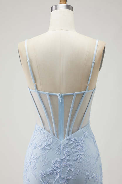 Sparkly Blue Corset Beaded Mermaid Floral Long Prom Dress with Slit