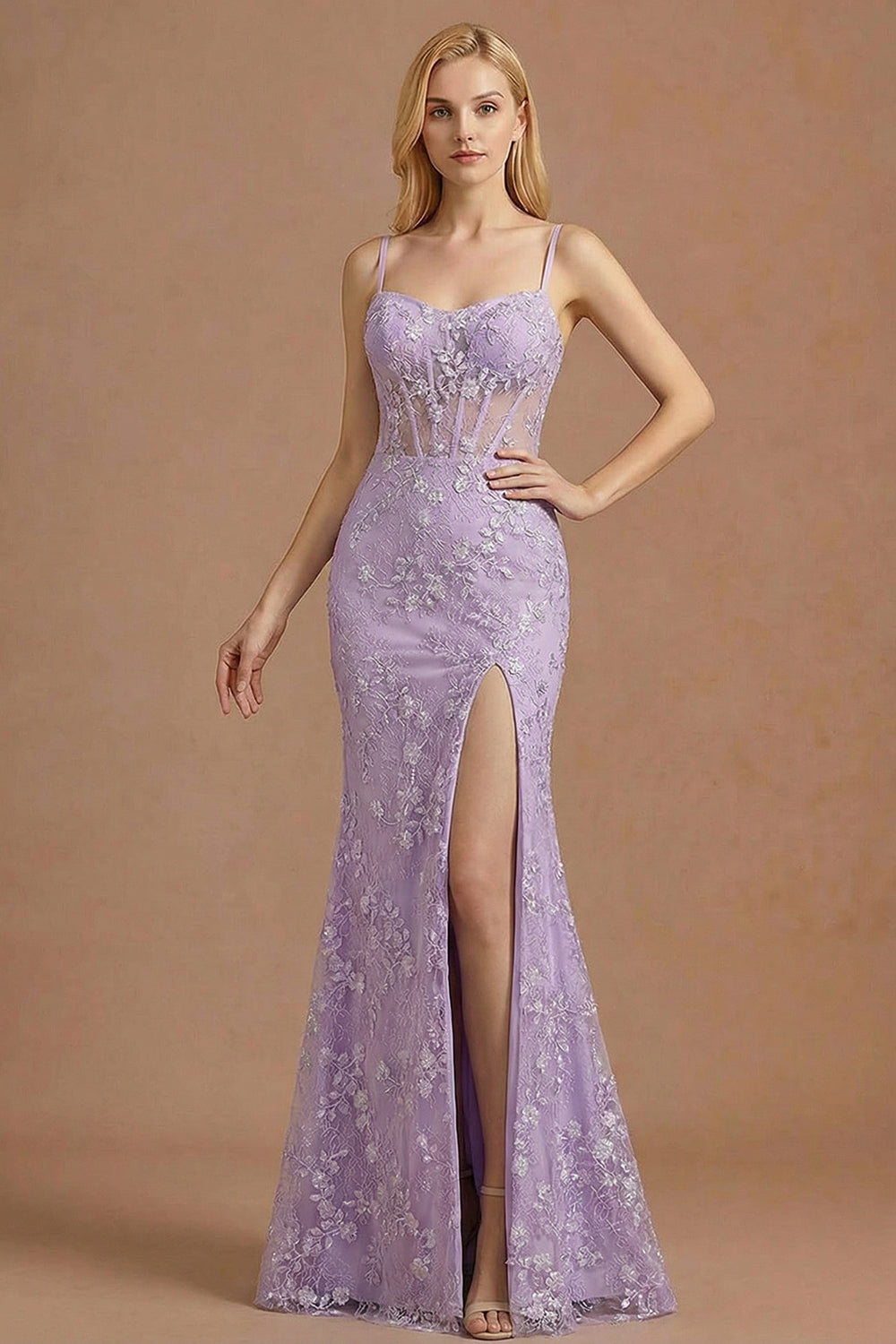 Floral Purple Corset Appliqued Mermaid Long Prom Dress with Slit