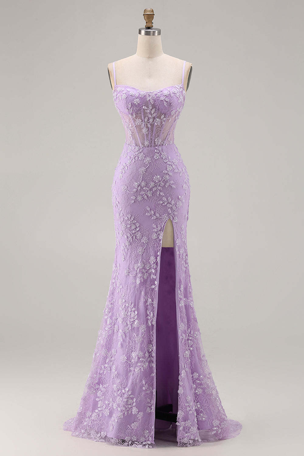 Floral Purple Corset Appliqued Mermaid Long Prom Dress with Slit