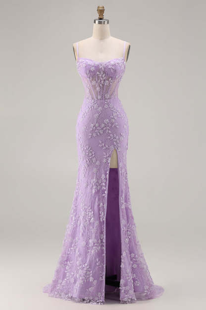 Floral Purple Corset Appliqued Mermaid Long Prom Dress with Slit