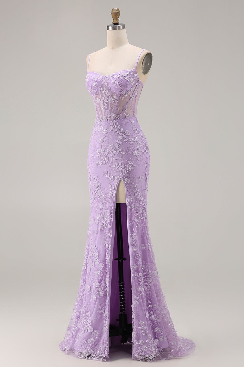Floral Purple Corset Appliqued Mermaid Long Prom Dress with Slit