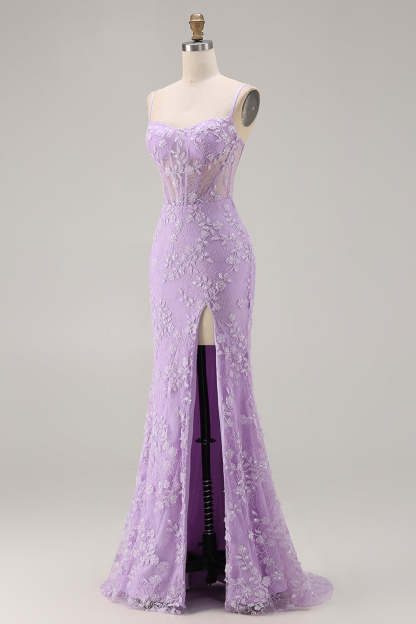 Floral Purple Corset Appliqued Mermaid Long Prom Dress with Slit