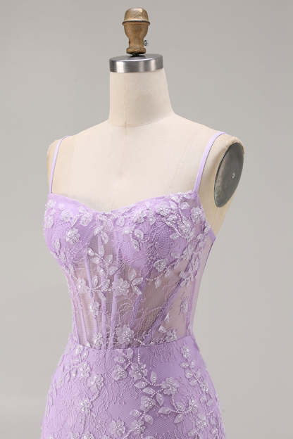 Floral Purple Corset Appliqued Mermaid Long Prom Dress with Slit