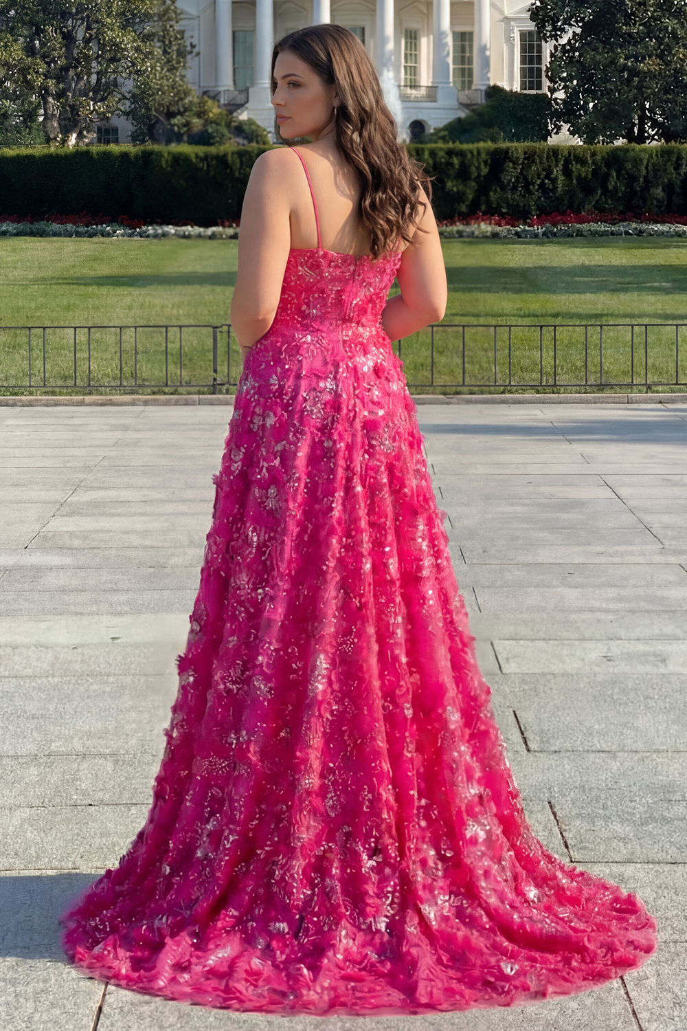 Floral Fuchsia Beaded Long Corset Prom Dress with Bows