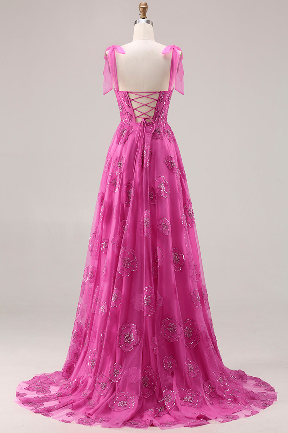 Floral Fuchsia Beaded Long Corset Prom Dress with Bows