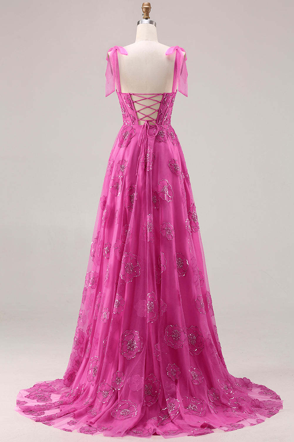 Floral Fuchsia Beaded Long Corset Prom Dress with Bows