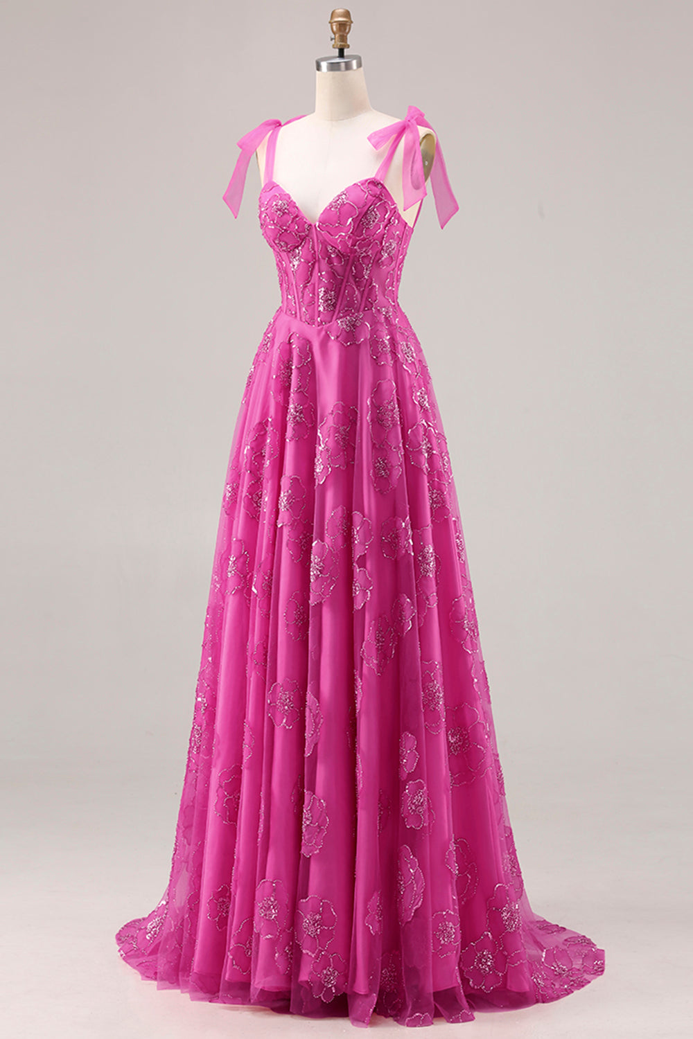 Floral Fuchsia Beaded Long Corset Prom Dress with Bows