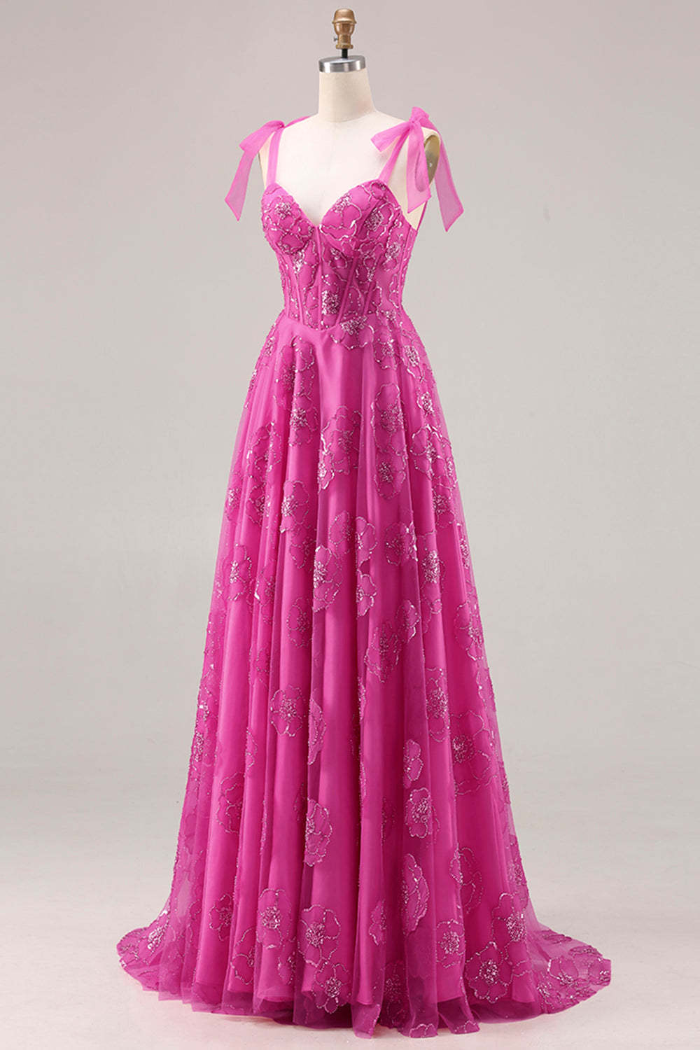 Floral Fuchsia Beaded Long Corset Prom Dress with Bows