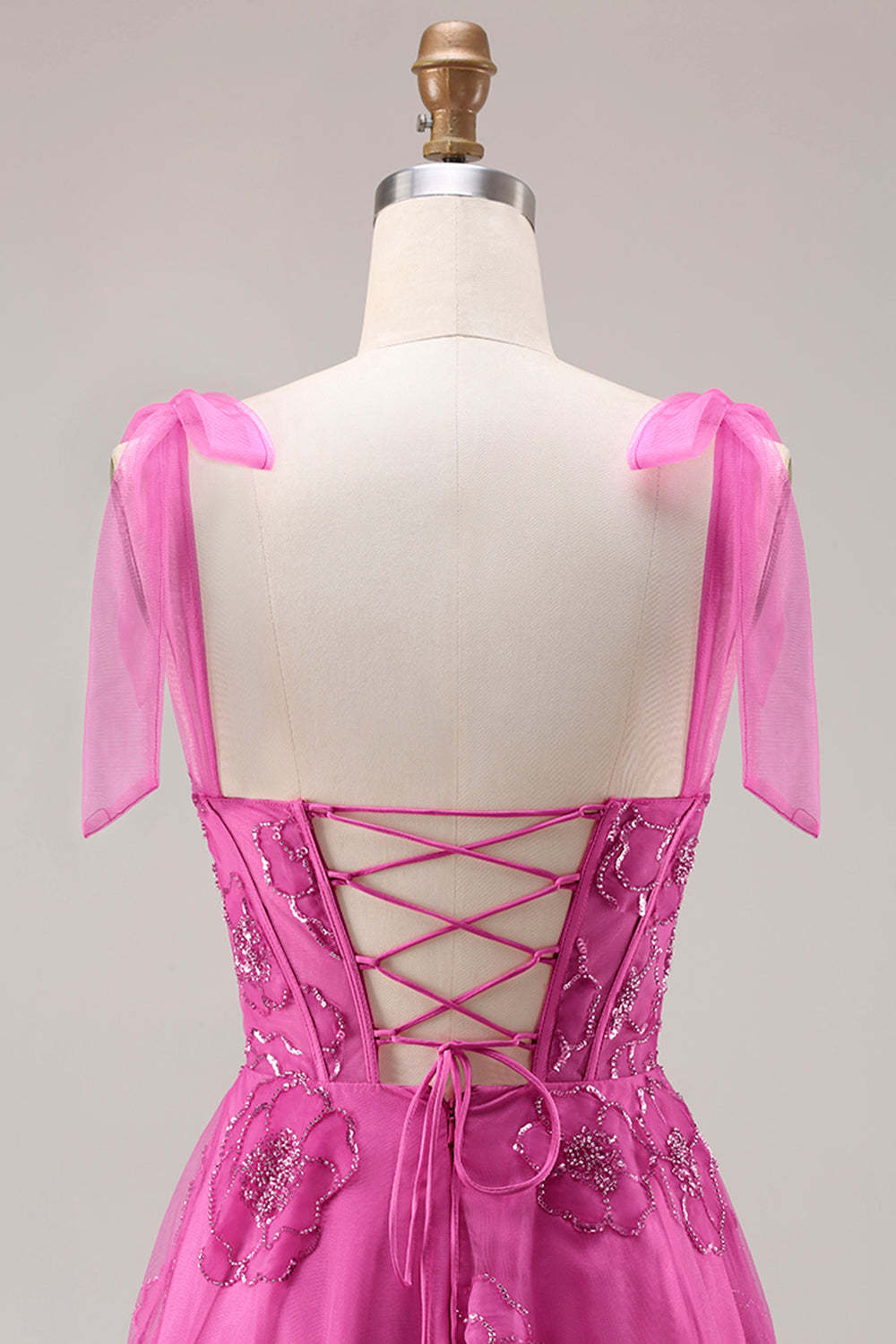 Floral Fuchsia Beaded Long Corset Prom Dress with Bows