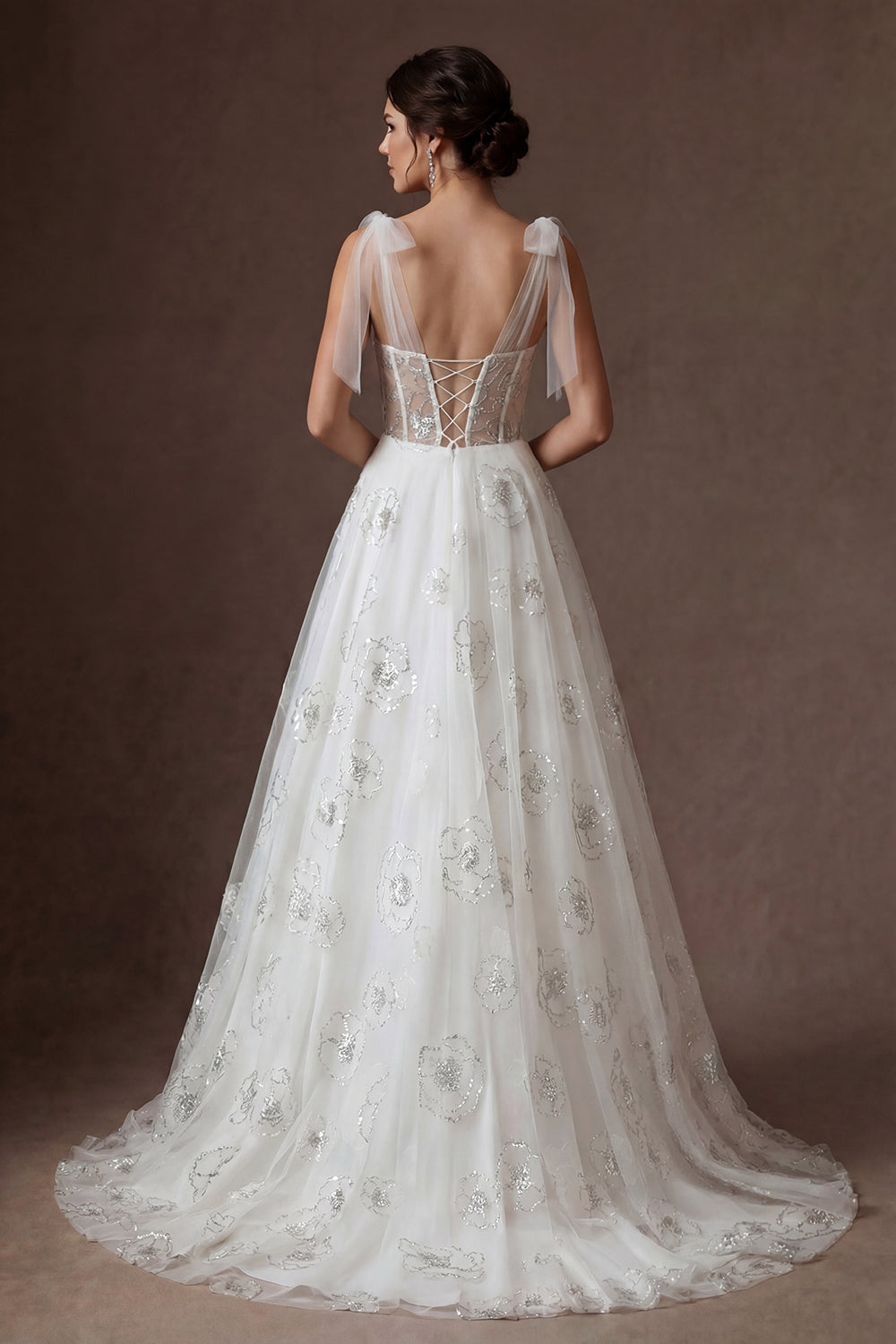 White Sparkly Beaded Ball gown Corset Floral Maxi Wedding Dress