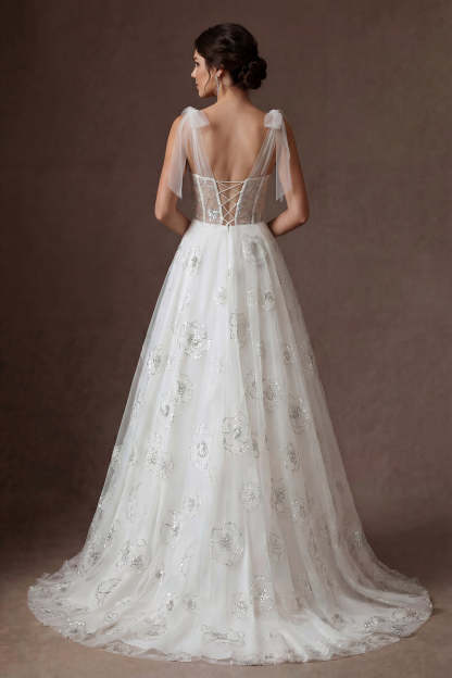 White Sparkly Beaded Ball gown Corset Floral Maxi Wedding Dress