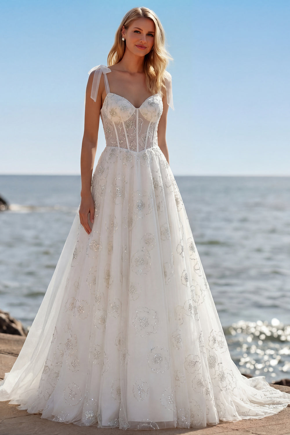 Leely Women Sparkly Beaded White Corset Floral Maxi Wedding Dress Spaghetti Straps Ball Gown Backless Sleeveless Bridal Dress