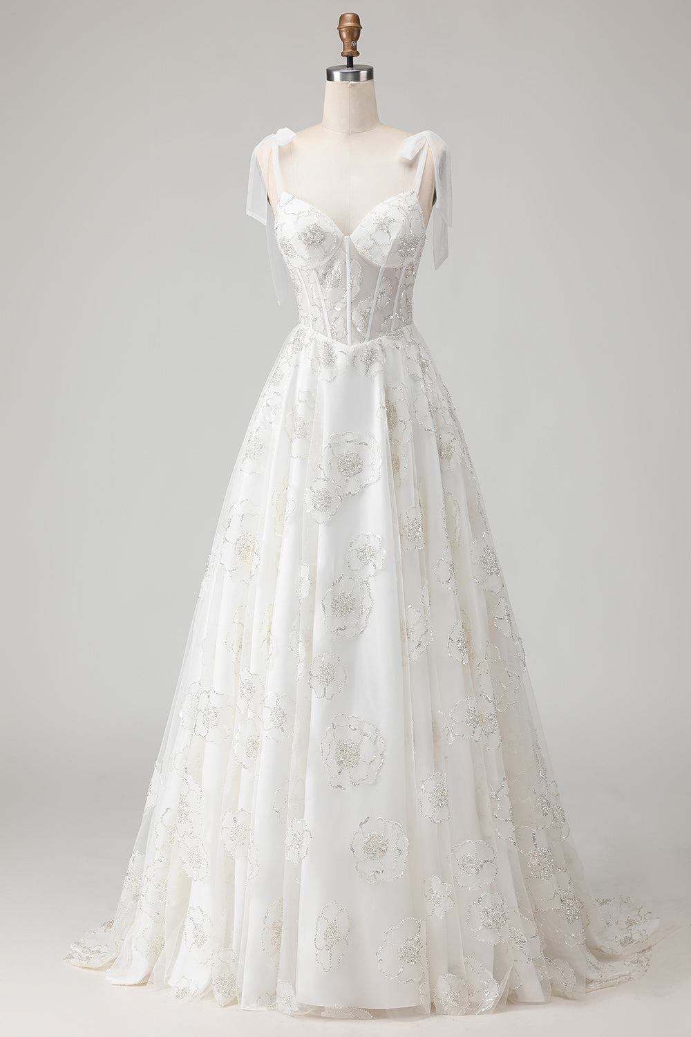 White Sparkly Beaded Ball gown Corset Floral Maxi Wedding Dress