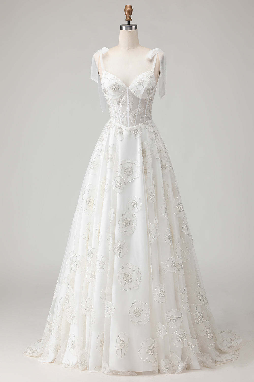 White Sparkly Beaded Ball gown Corset Floral Maxi Wedding Dress