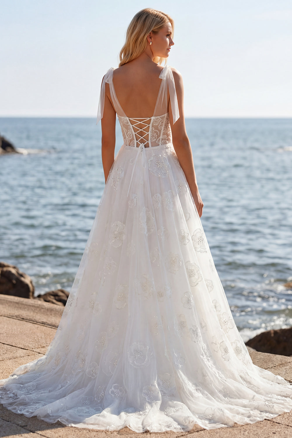 Ball gown White Sparkly Beaded Corset Floral Maxi Wedding Dress