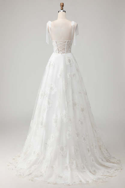 White Sparkly Beaded Ball gown Corset Floral Maxi Wedding Dress