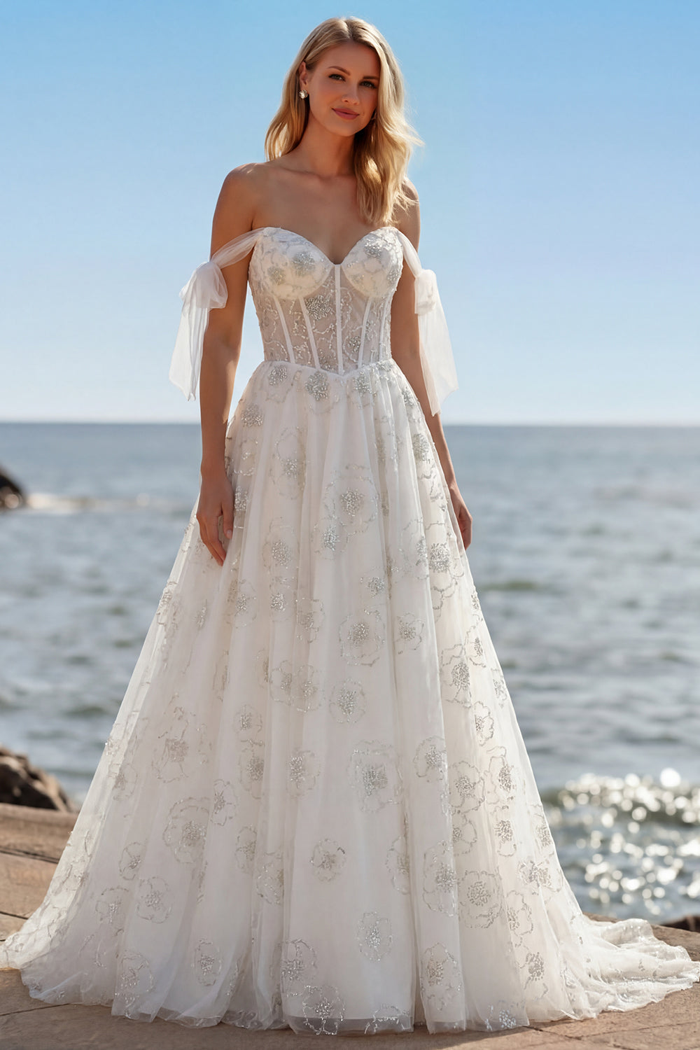 Ball gown White Sparkly Beaded Corset Floral Maxi Wedding Dress