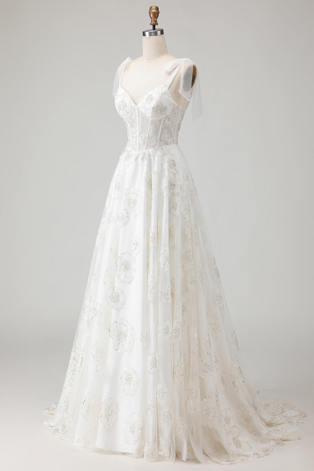 White Sparkly Beaded Ball gown Corset Floral Maxi Wedding Dress