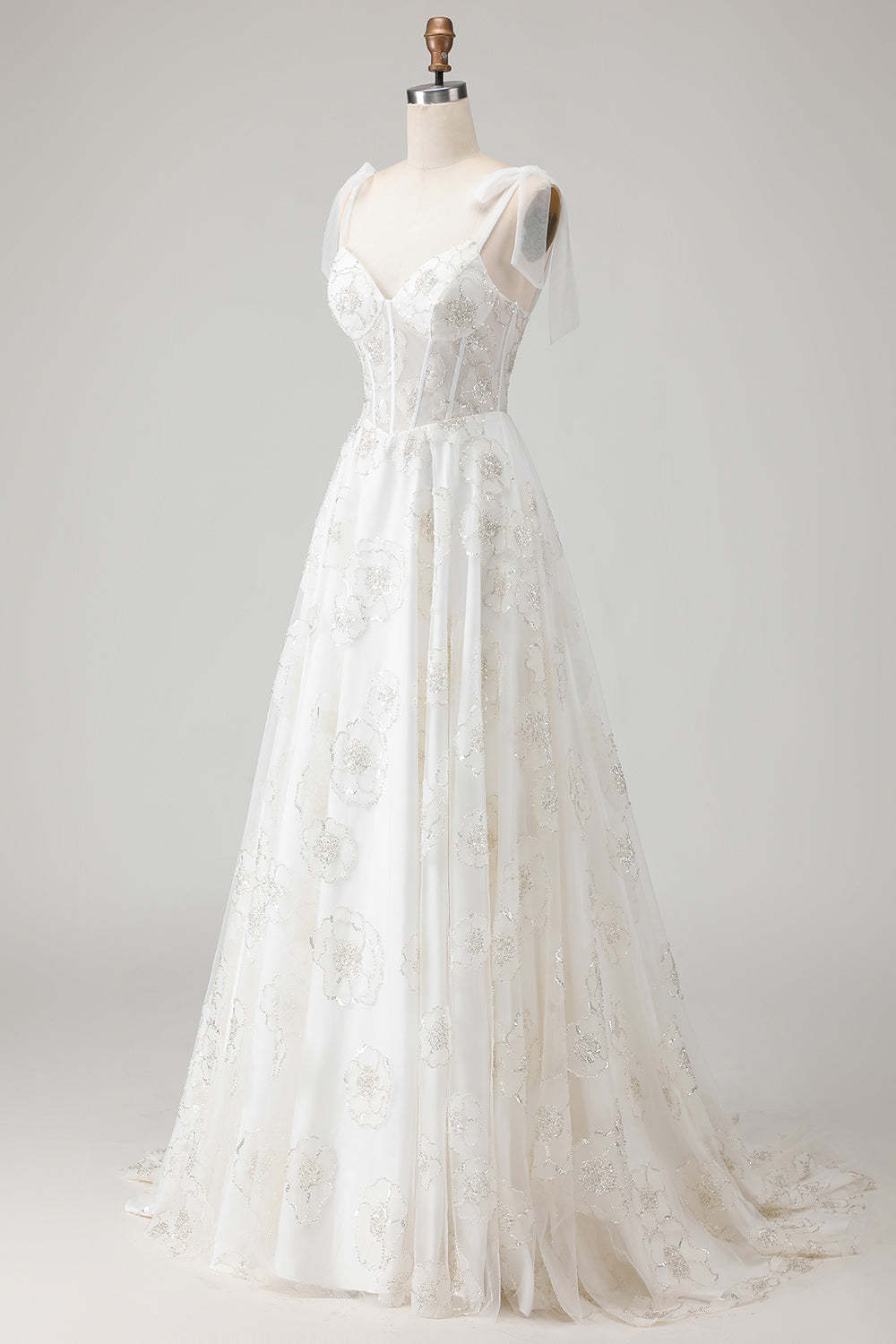 White Sparkly Beaded Ball gown Corset Floral Maxi Wedding Dress