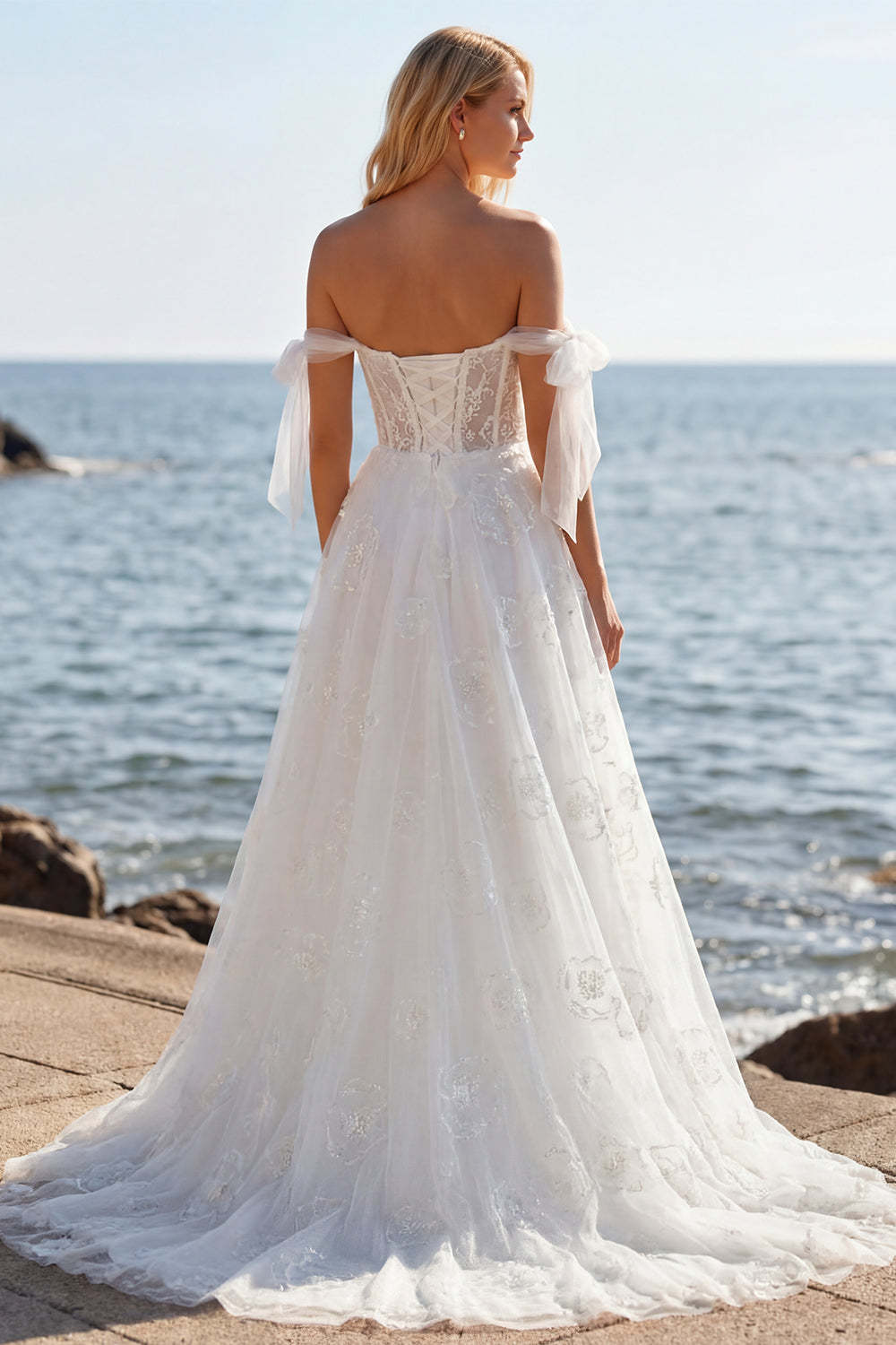 Ball gown White Sparkly Beaded Corset Floral Maxi Wedding Dress