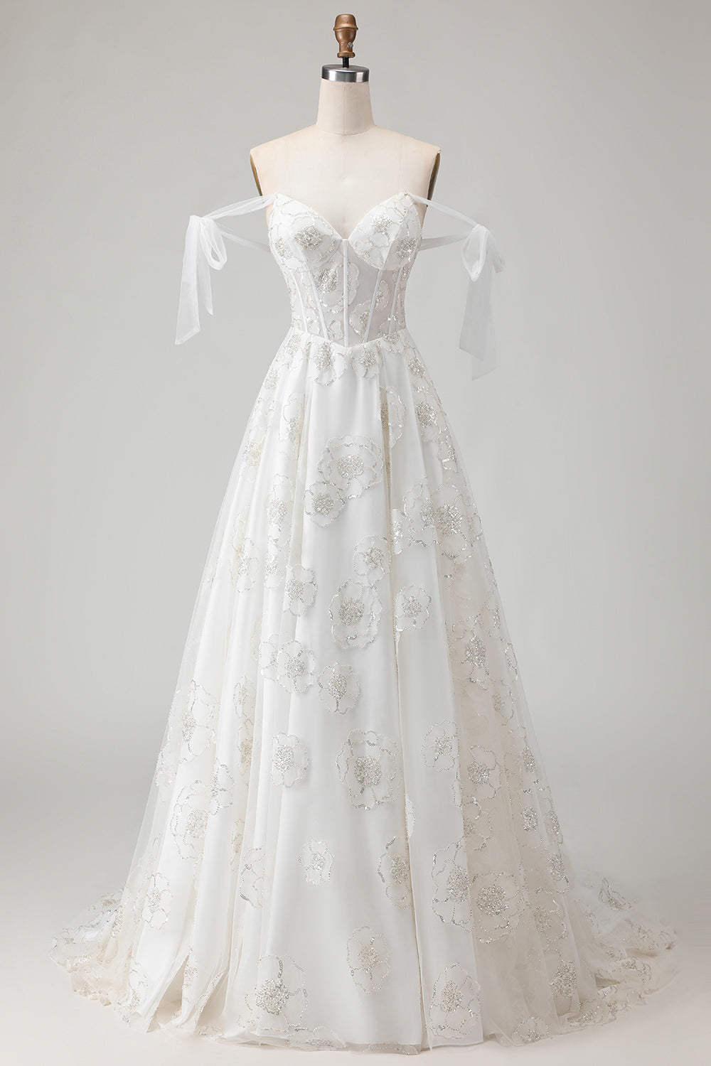 White Sparkly Beaded Ball gown Corset Floral Maxi Wedding Dress