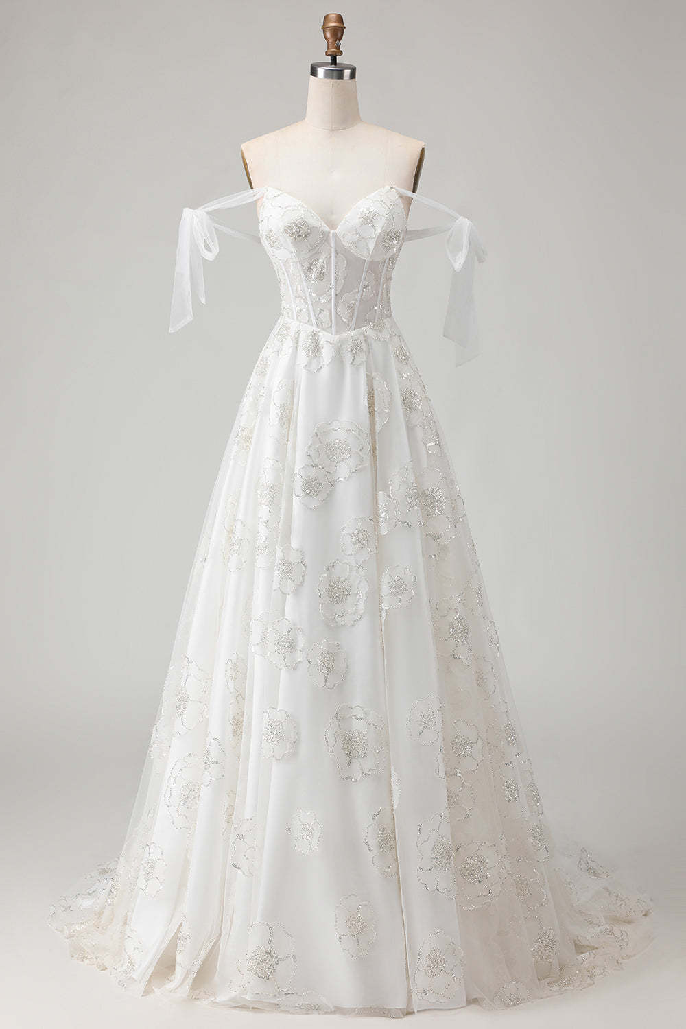 White Sparkly Beaded Ball gown Corset Floral Maxi Wedding Dress