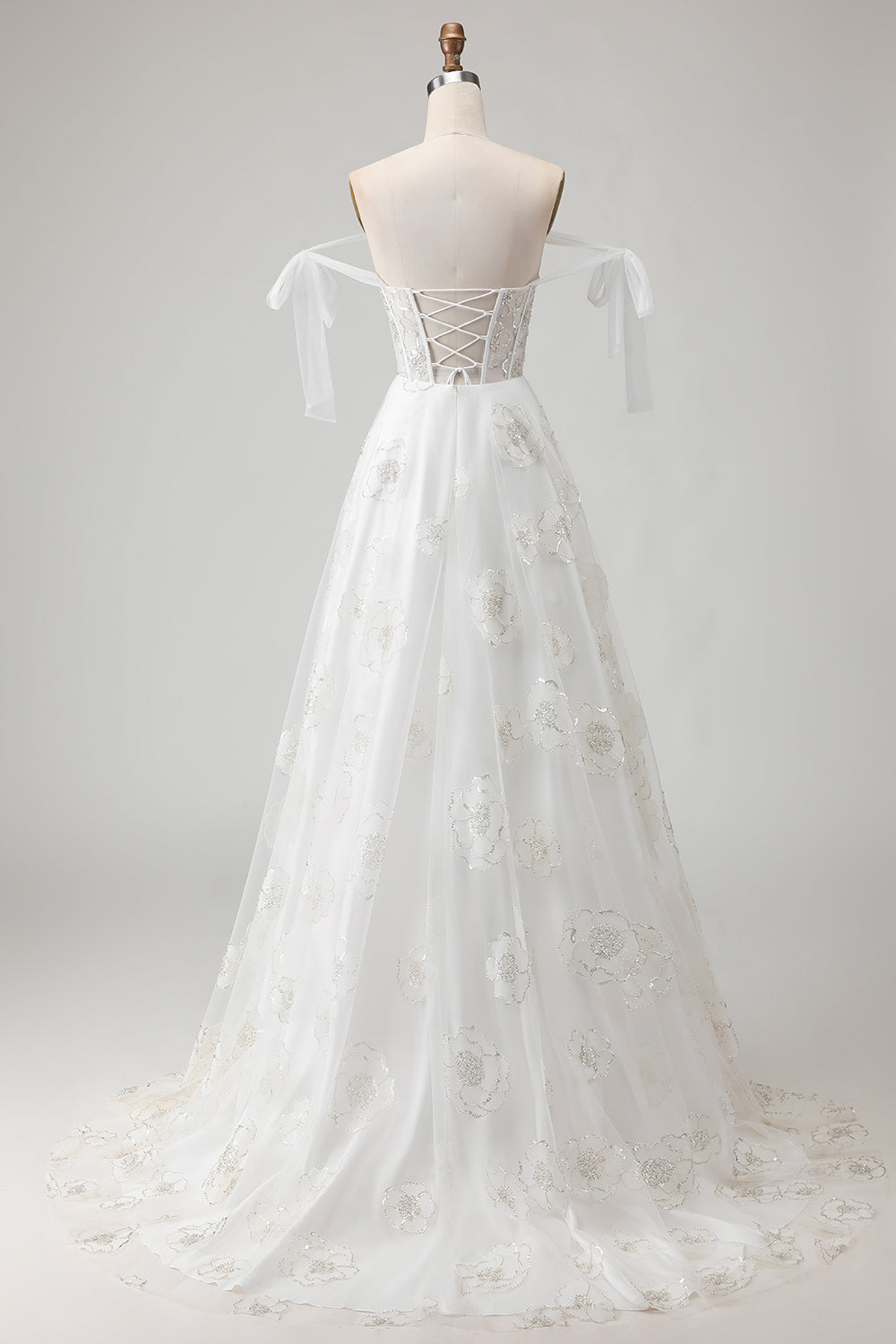 White Sparkly Beaded Ball gown Corset Floral Maxi Wedding Dress