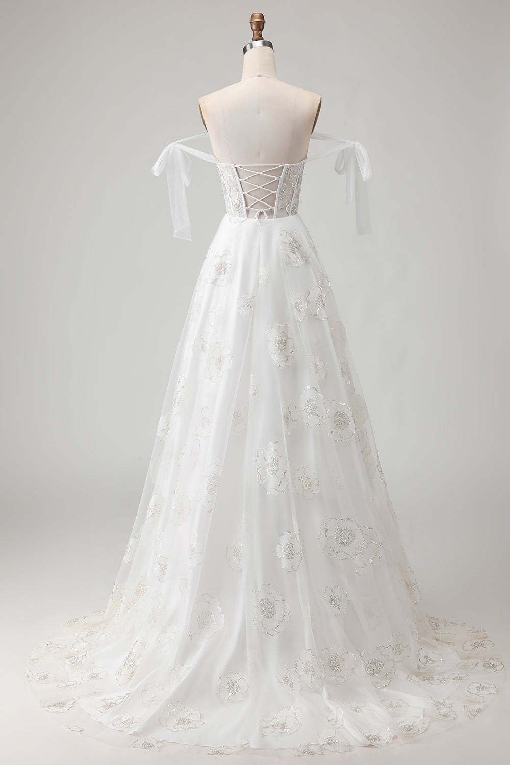 White Sparkly Beaded Ball gown Corset Floral Maxi Wedding Dress