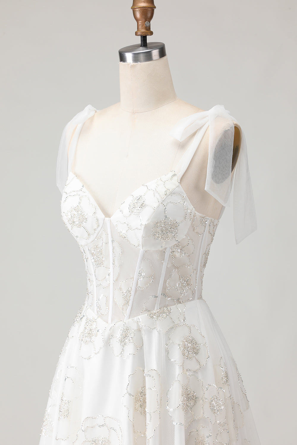 White Sparkly Beaded Ball gown Corset Floral Maxi Wedding Dress