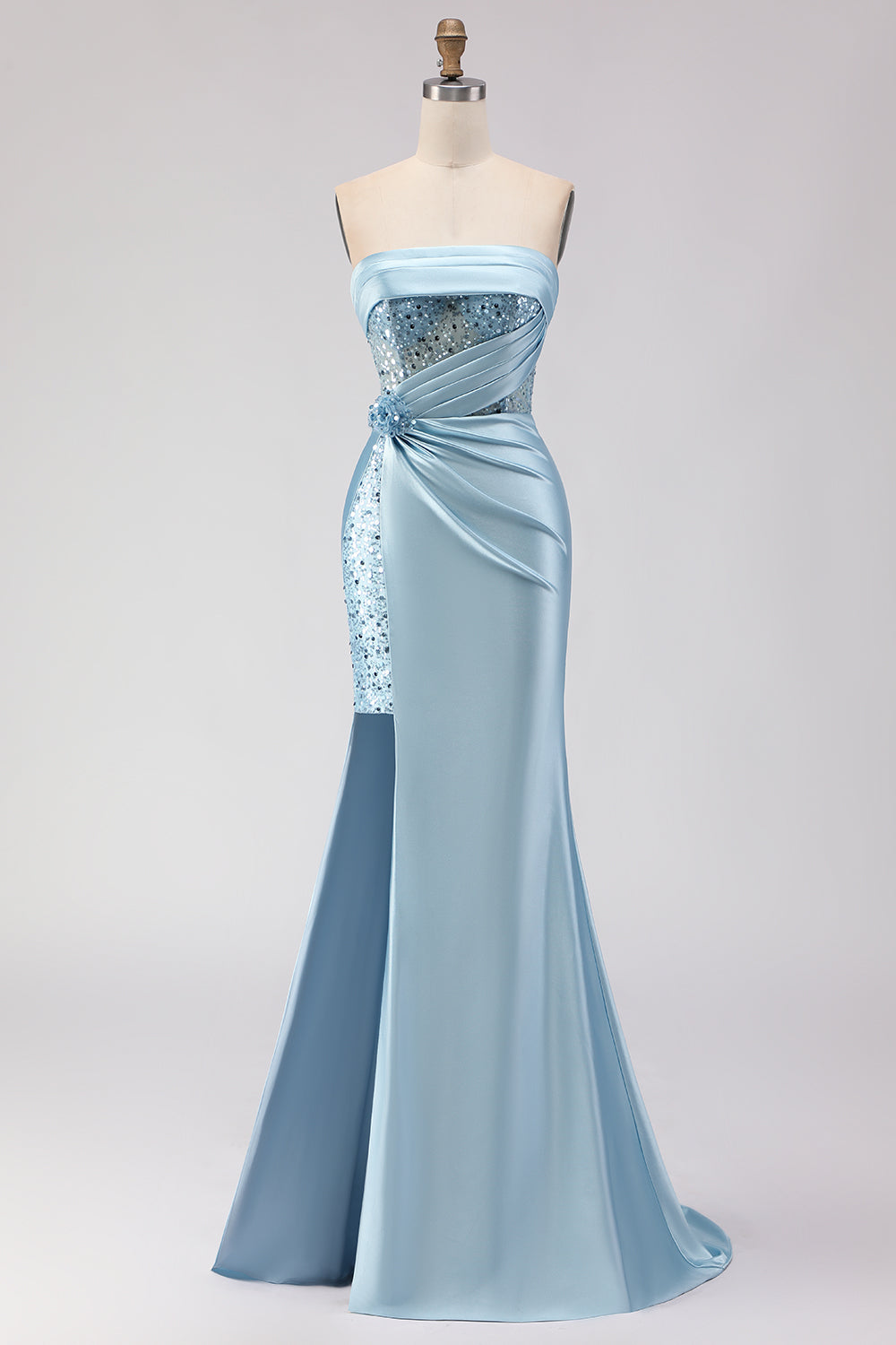 Leely Women Sparkly Blue Satin Long Corset Prom Dress with Slit Mermaid  Sequined Strapless Ruched Lace