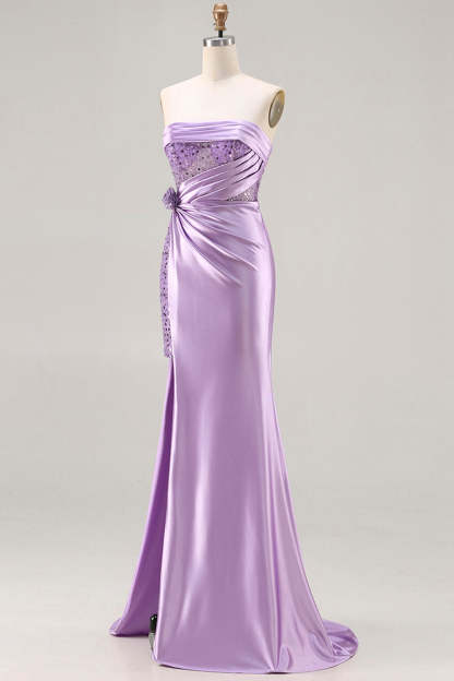 Sparkly Purple Mermaid Satin Long Corset Prom Dress with Slit