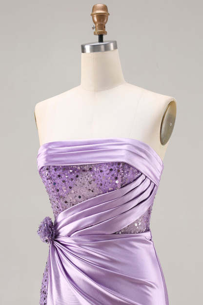 Sparkly Purple Mermaid Satin Long Corset Prom Dress with Slit