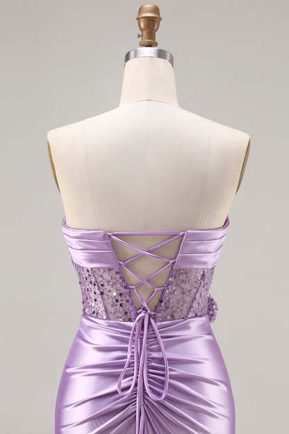 Sparkly Purple Mermaid Satin Long Corset Prom Dress with Slit