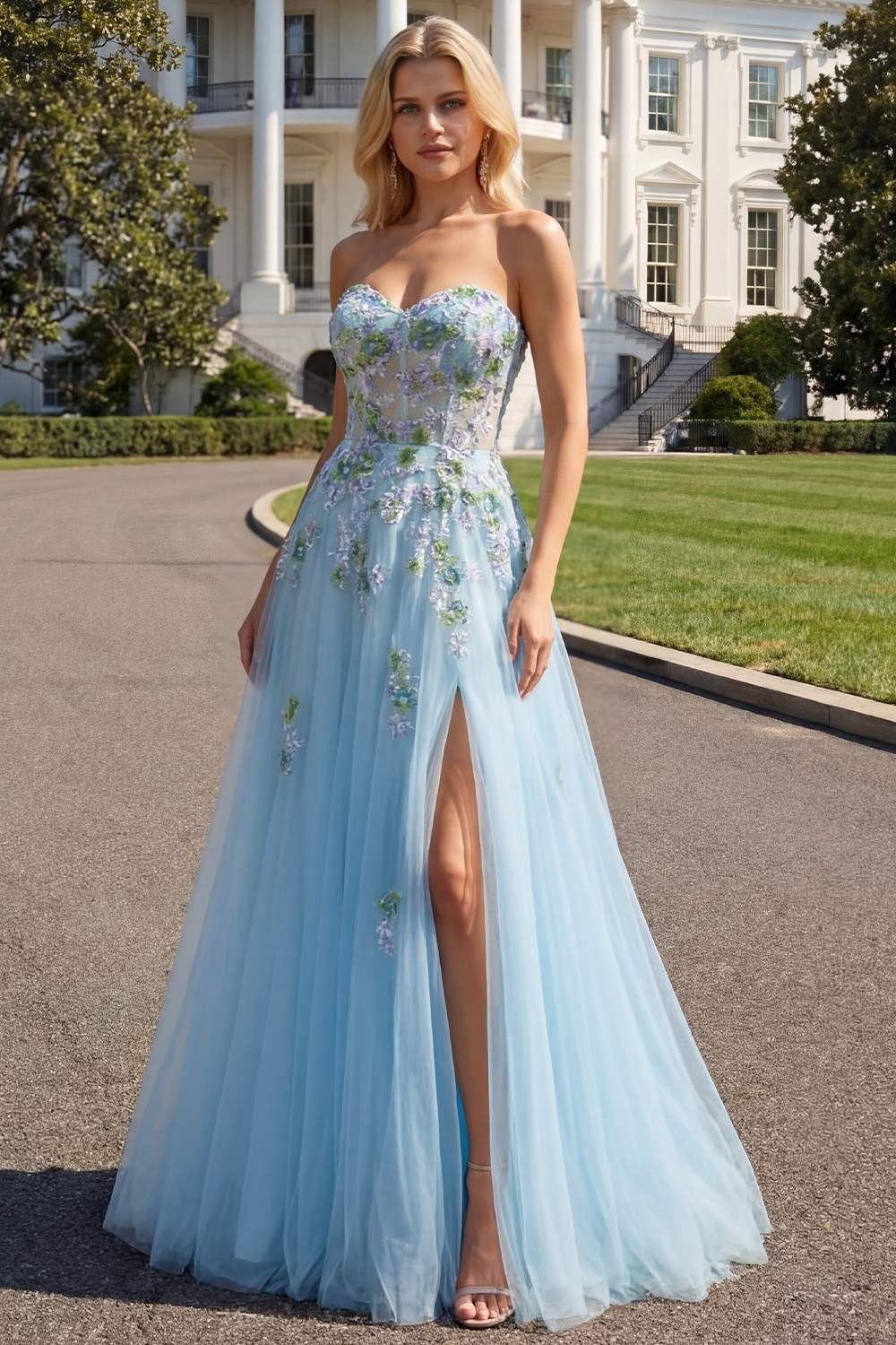 Blue Floral Tulle Sweetheart A-Line Long Prom Corset Dress with Slit