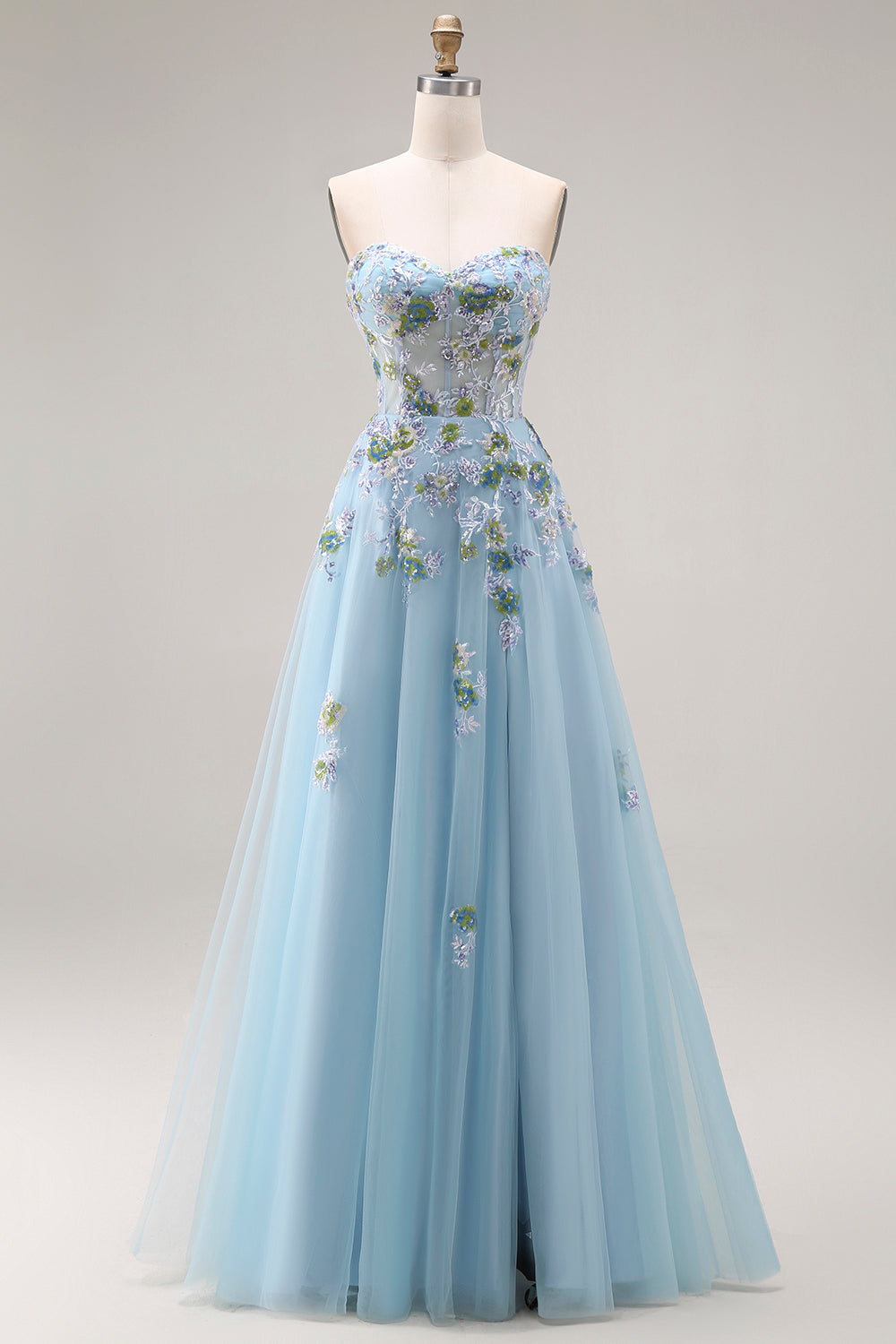 Blue Floral Tulle Sweetheart A-Line Long Prom Corset Dress with Slit