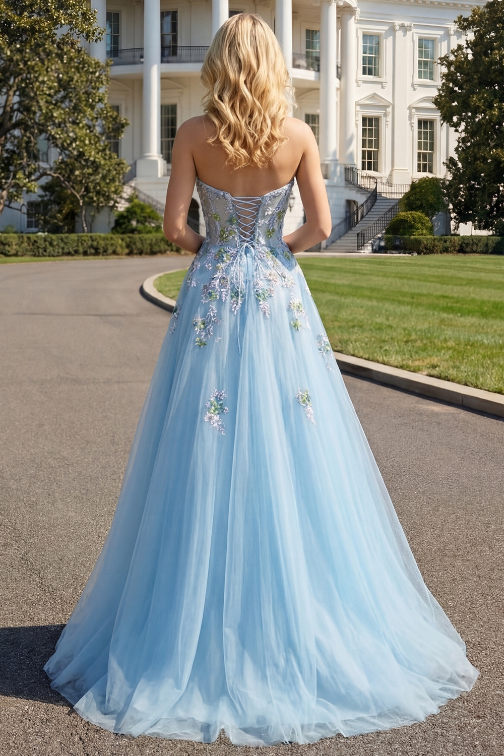 Blue Floral Tulle Sweetheart A-Line Long Prom Corset Dress with Slit