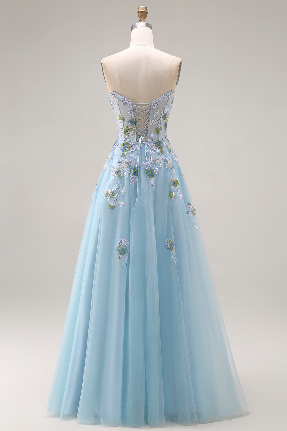 Blue Floral Tulle Sweetheart A-Line Long Prom Corset Dress with Slit