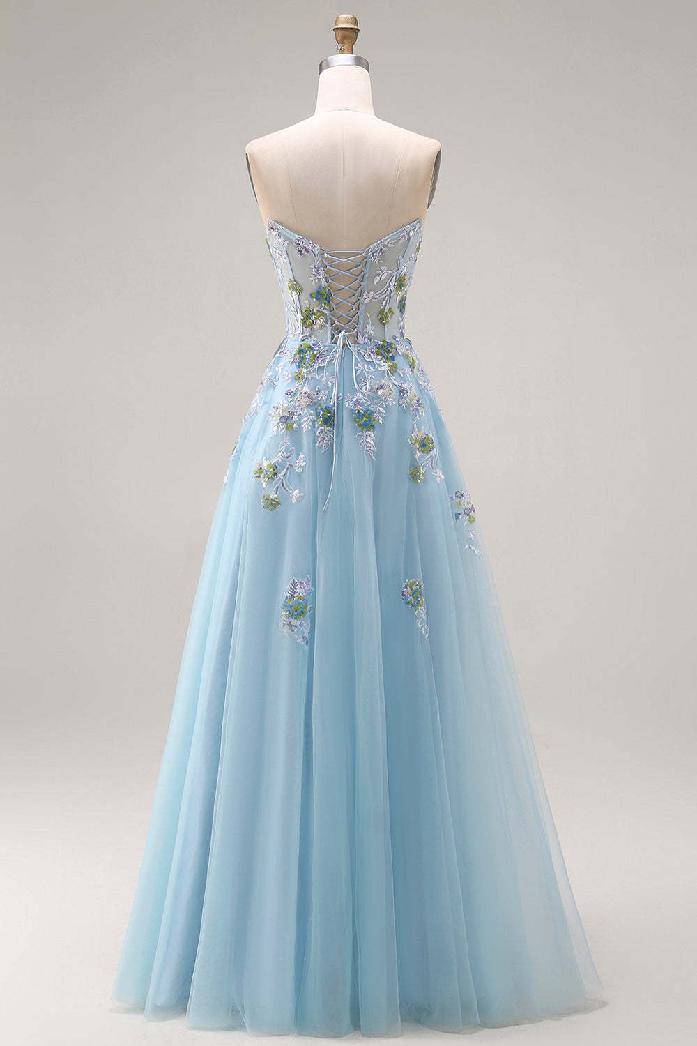 Blue Floral Tulle Sweetheart A-Line Long Prom Corset Dress with Slit