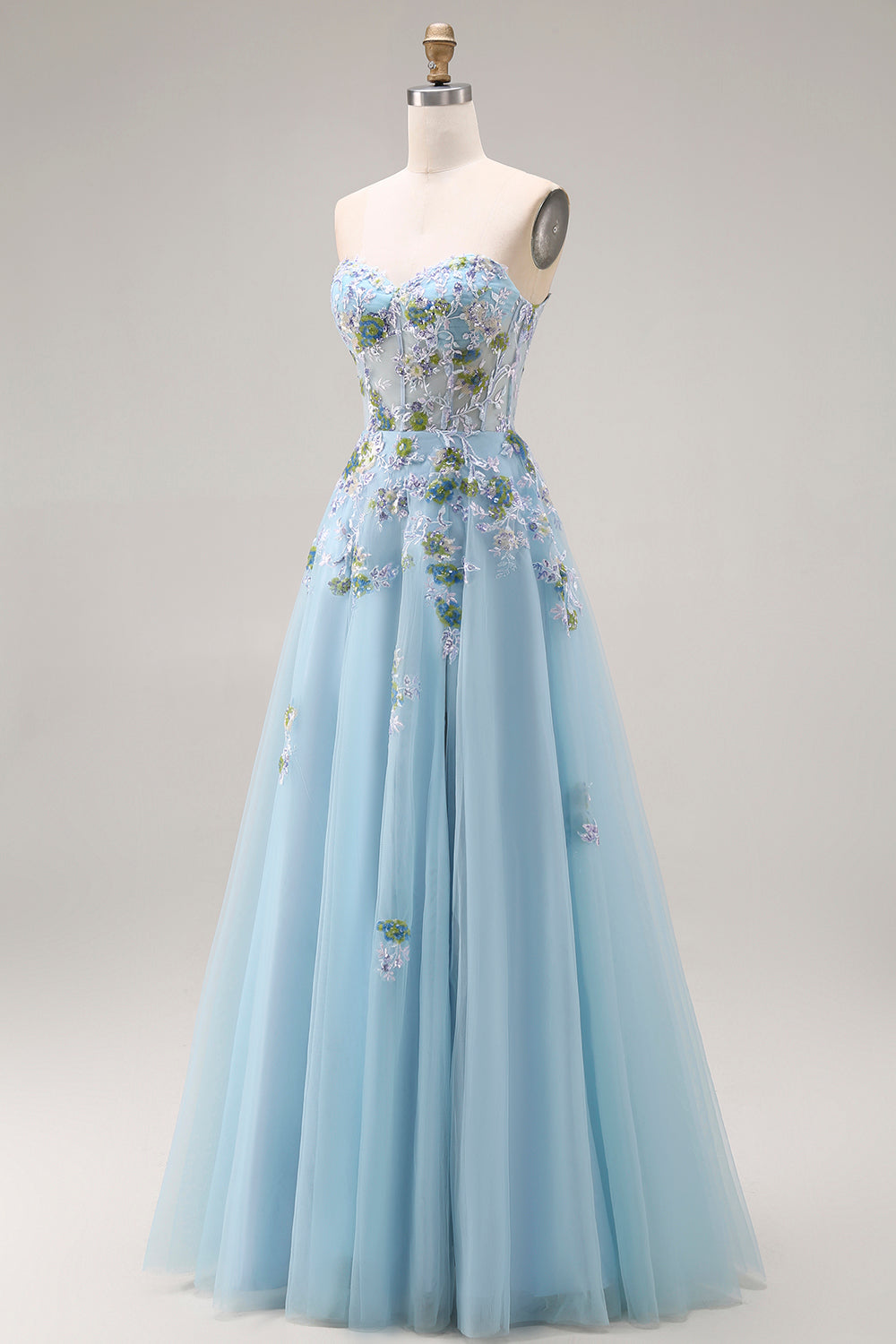 Blue Floral Tulle Sweetheart A-Line Long Prom Corset Dress with Slit