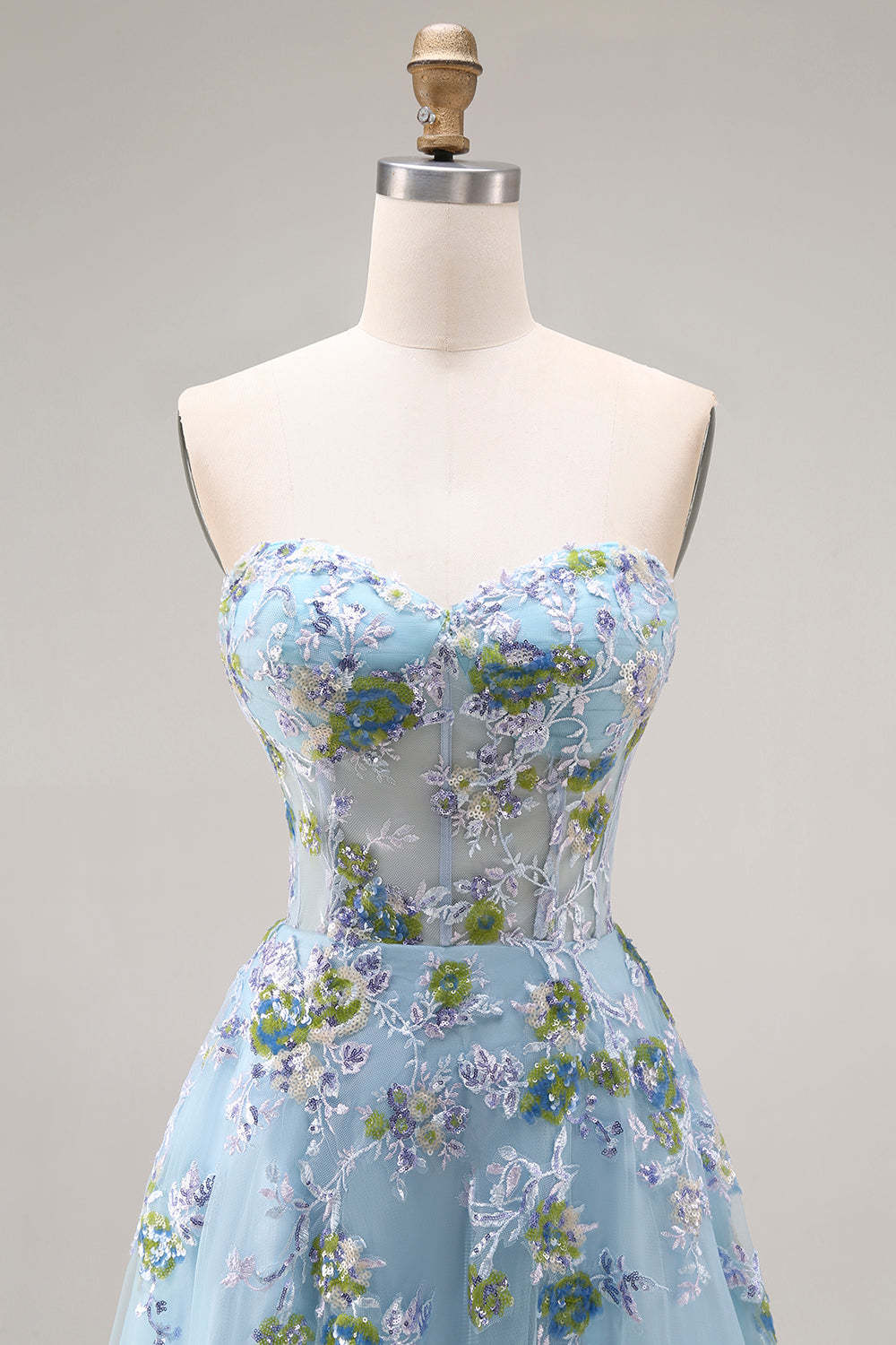 Blue Floral Tulle Sweetheart A-Line Long Prom Corset Dress with Slit