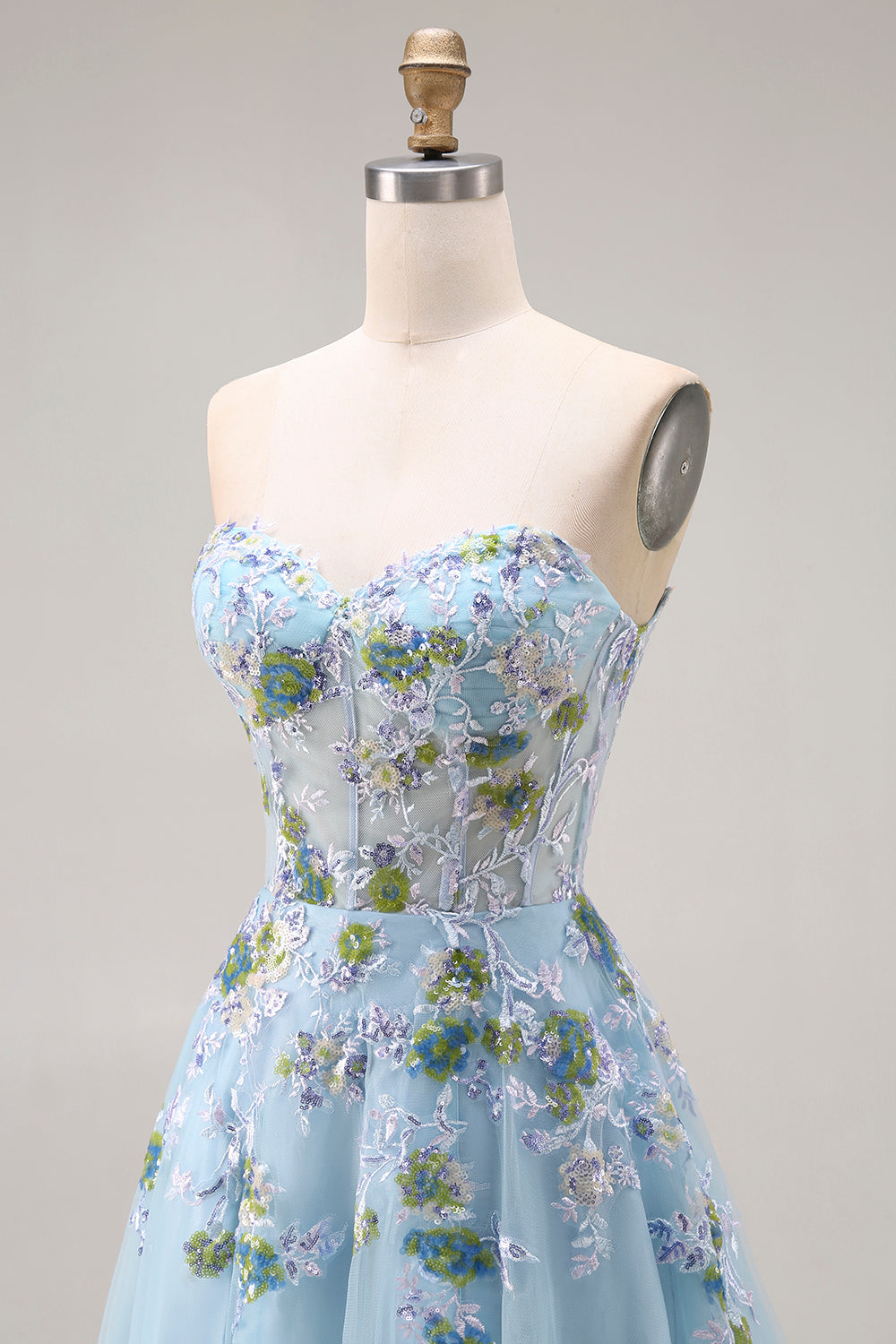 Blue Floral Tulle Sweetheart A-Line Long Prom Corset Dress with Slit