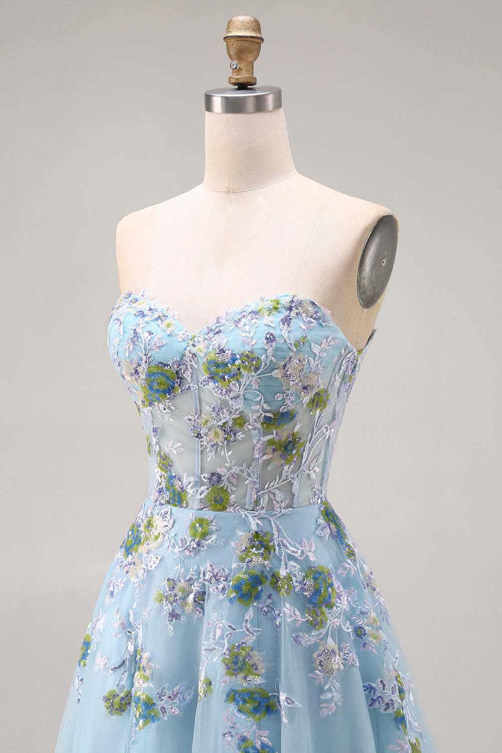 Blue Floral Tulle Sweetheart A-Line Long Prom Corset Dress with Slit