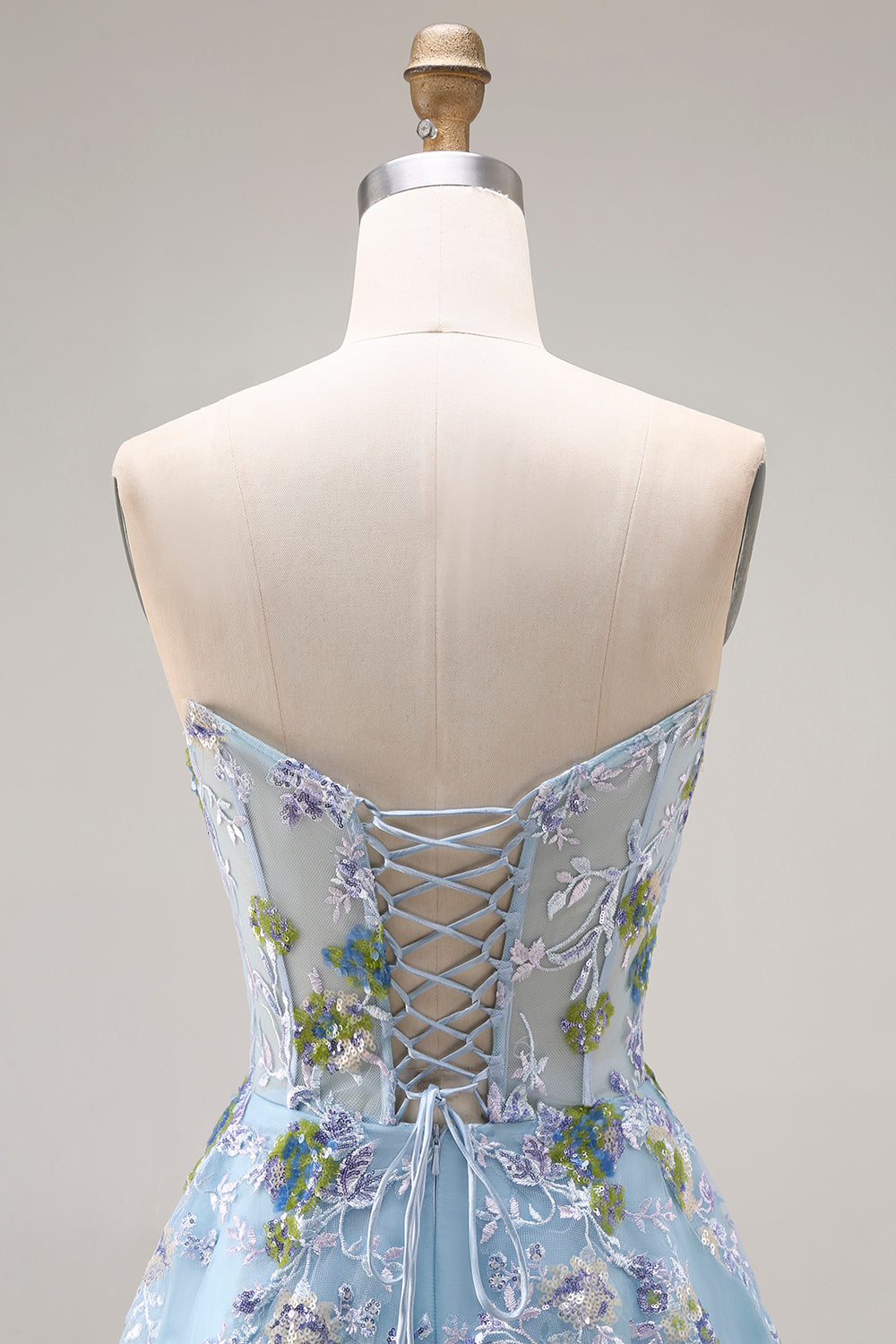 Blue Floral Tulle Sweetheart A-Line Long Prom Corset Dress with Slit