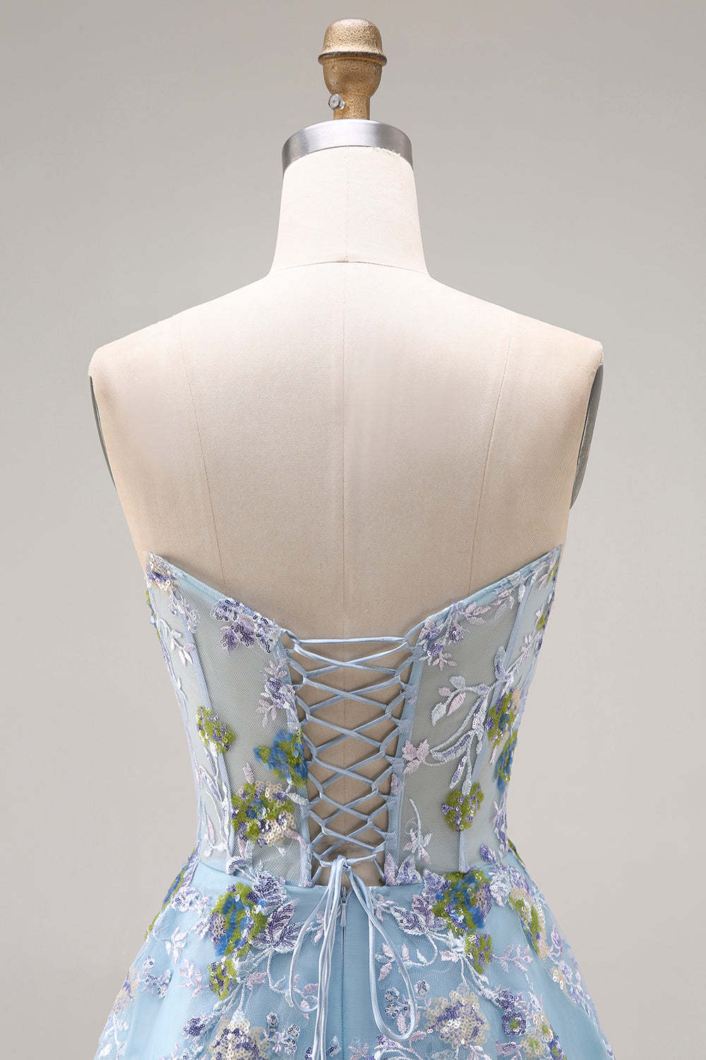 Blue Floral Tulle Sweetheart A-Line Long Prom Corset Dress with Slit