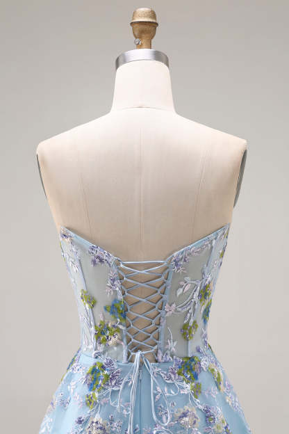 Blue Floral Tulle Sweetheart A-Line Long Prom Corset Dress with Slit