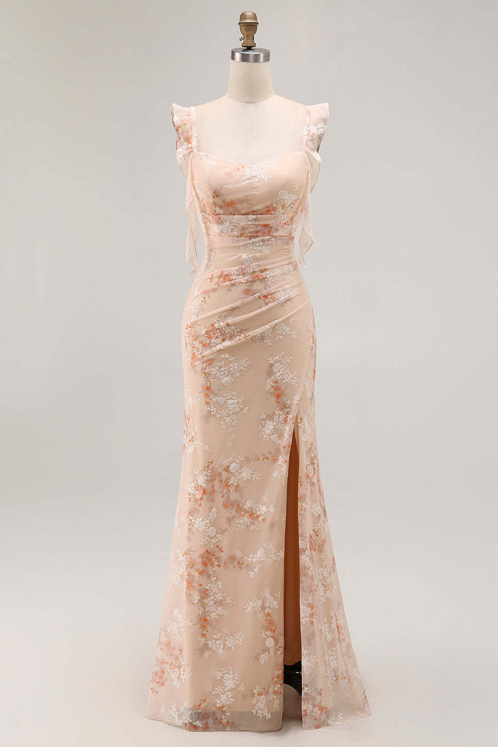 Leely Women Champagne Floral Maxi Bridesmaid Dress with Slit Mermaid Ruffled Lace Up Back Wedding Guest Dress