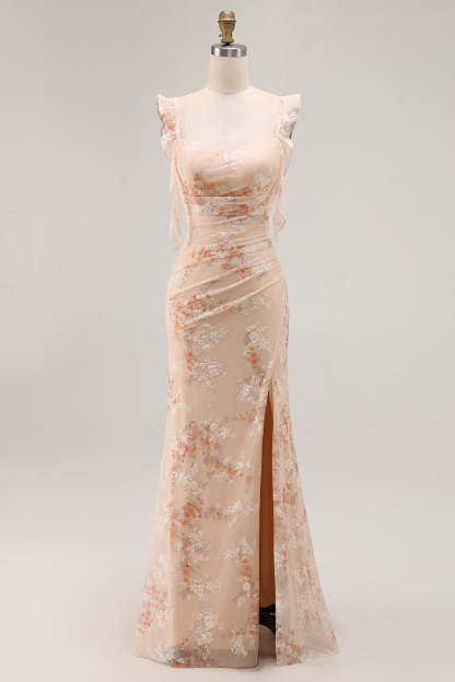 Leely Women Champagne Floral Maxi Bridesmaid Dress with Slit Mermaid Ruffled Lace Up Back Wedding Guest Dress