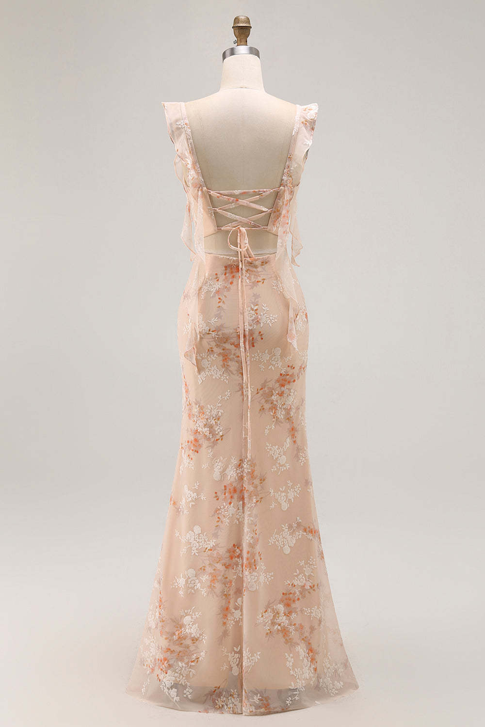 Champagne Floral Mermaid Maxi Ruffled Bridesmaid Dress with Slit